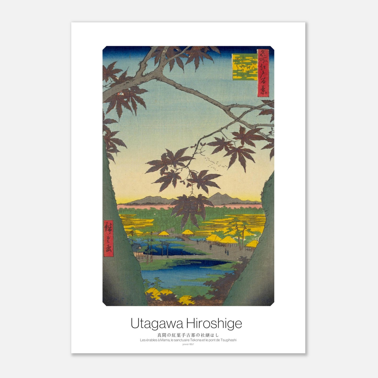 Estampe Hiroshige - Les érables à Mama et le pont de Tsugihashi (29,7x42 cm (A3)). Gravure ukiyo-e de Hiroshige montrant les érables à Mama et le pont de Tsugihashi, avec des arbres aux feuilles rouges et un paysage verdoyant.