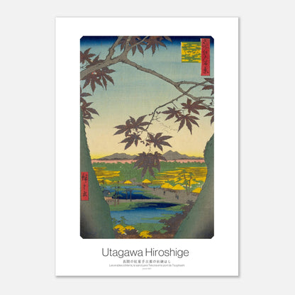 Estampe Hiroshige - Les érables à Mama et le pont de Tsugihashi (29,7x42 cm (A3)). Gravure ukiyo-e de Hiroshige montrant les érables à Mama et le pont de Tsugihashi, avec des arbres aux feuilles rouges et un paysage verdoyant.