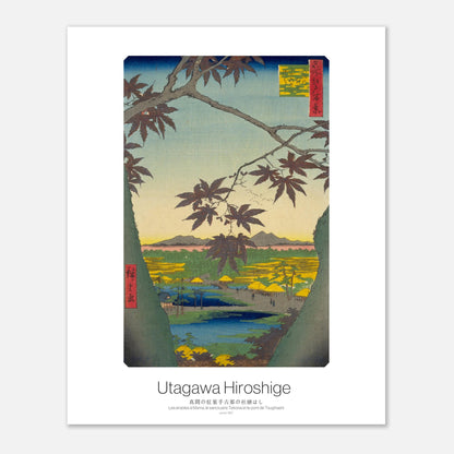 Estampe Hiroshige - Les érables à Mama et le pont de Tsugihashi (40x50 cm). Gravure ukiyo-e de Hiroshige montrant les érables à Mama et le pont de Tsugihashi, avec des arbres aux feuilles rouges et un paysage verdoyant.