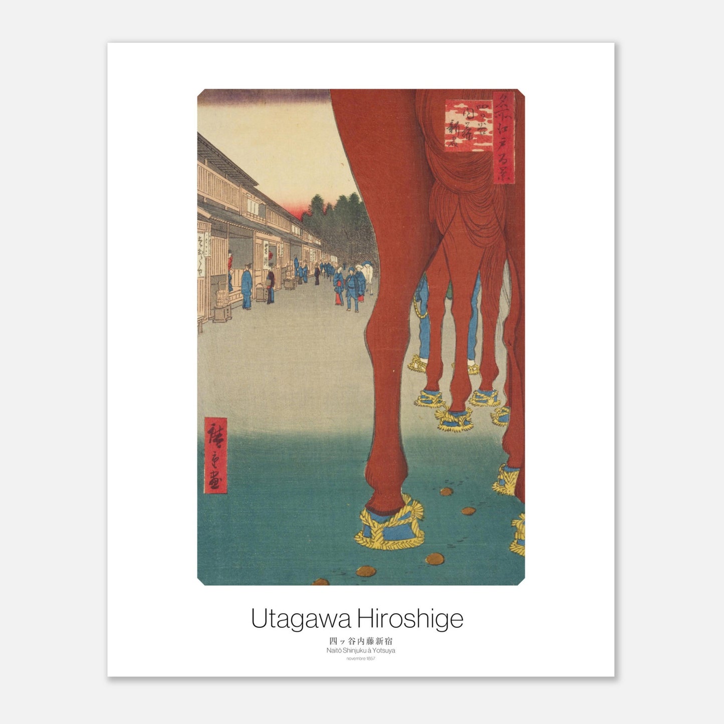 Planche Ukiyo-e Naitō Shinjuku à Yotsuya - Utagawa Hiroshige (40x50 cm). Estampe ukiyo-e représentant Naitō Shinjuku à Yotsuya, avec des écuries et des chevaux aux sabots décorés, et des passants.