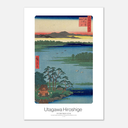Planche Ukiyo-e Sanctuaire de Benten Inokashira - Hiroshige (29,7x42 cm (A3)). Gravure ukiyo-e montrant le sanctuaire de Benten à l'étang d'Inokashira, avec des oiseaux dans le ciel et une étendue d'eau.