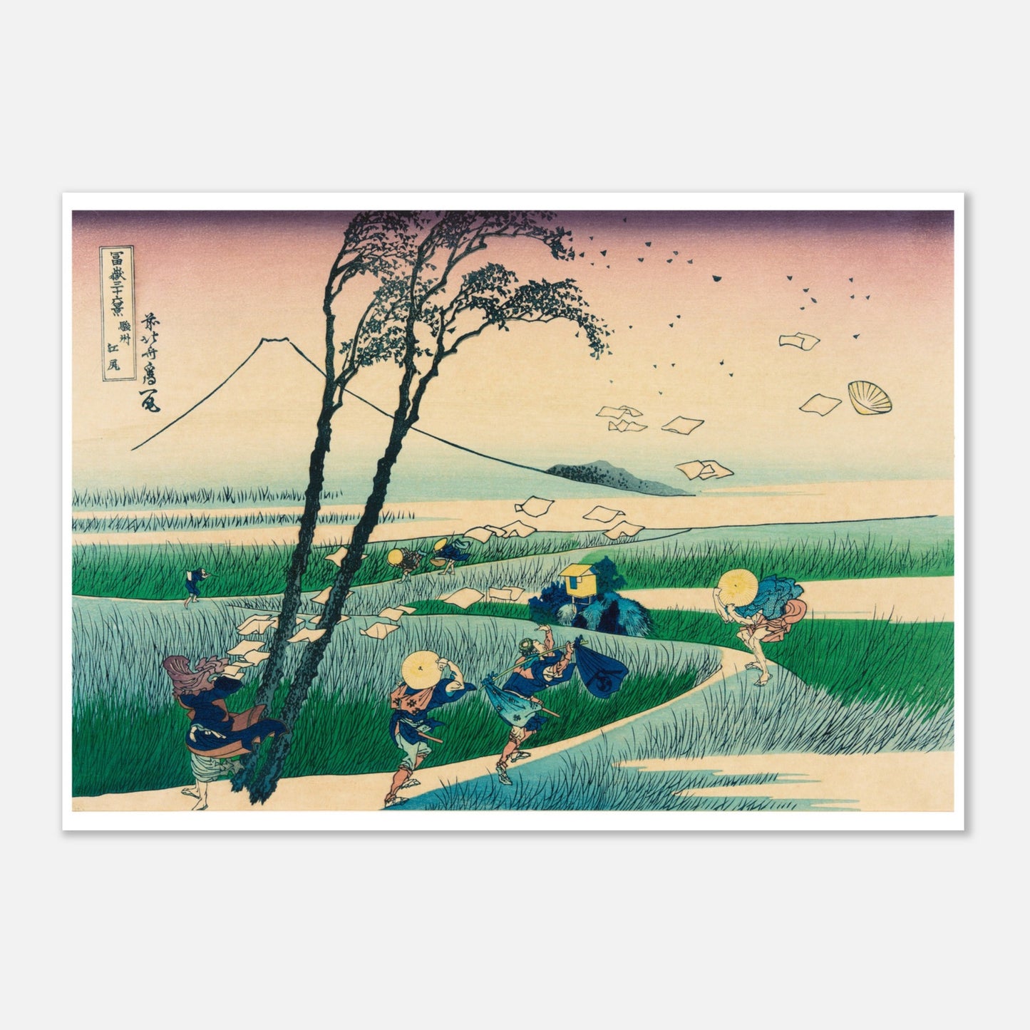 Estampe ancienne Ejiri dans la province de Suruga - Katsushika Hokusai (21x29,7 cm (A4)). Estampe ukiyo-e de Katsushika Hokusai représentant un paysage de champs de blé balayés par le vent, avec le mont Fuji au loin.