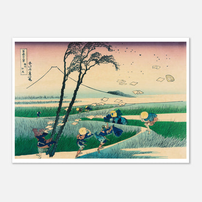 Estampe ancienne Ejiri dans la province de Suruga - Katsushika Hokusai (29,7x42 cm (A3)). Estampe ukiyo-e de Katsushika Hokusai représentant un paysage de champs de blé balayés par le vent, avec le mont Fuji au loin.