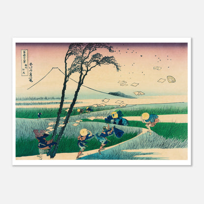 Estampe ancienne Ejiri dans la province de Suruga - Katsushika Hokusai (50x70 cm). Estampe ukiyo-e de Katsushika Hokusai représentant un paysage de champs de blé balayés par le vent, avec le mont Fuji au loin.