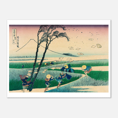 Estampe ancienne Ejiri dans la province de Suruga - Katsushika Hokusai (60x80 cm). Estampe ukiyo-e de Katsushika Hokusai représentant un paysage de champs de blé balayés par le vent, avec le mont Fuji au loin.