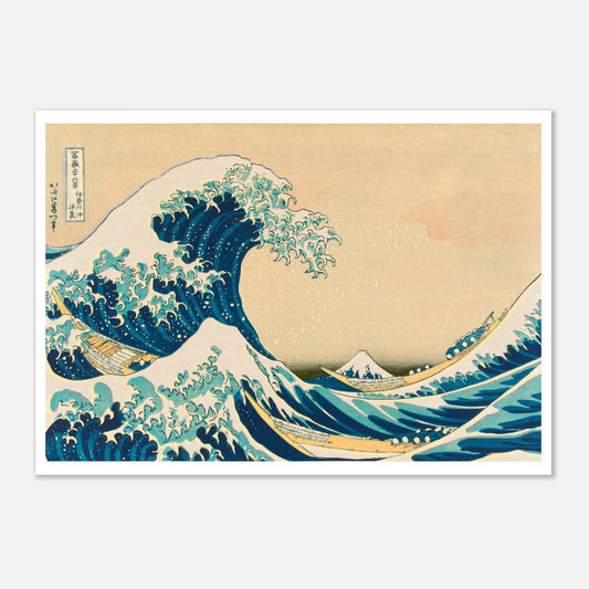Estampe La Grande Vague de Kanagawa - Katsushika Hokusai (59,4x84,1 cm (A1)). Estampe japonaise montrant une vague immense déferlant sur des bateaux, avec le mont Fuji en arrière-plan, par Katsushika Hokusai.