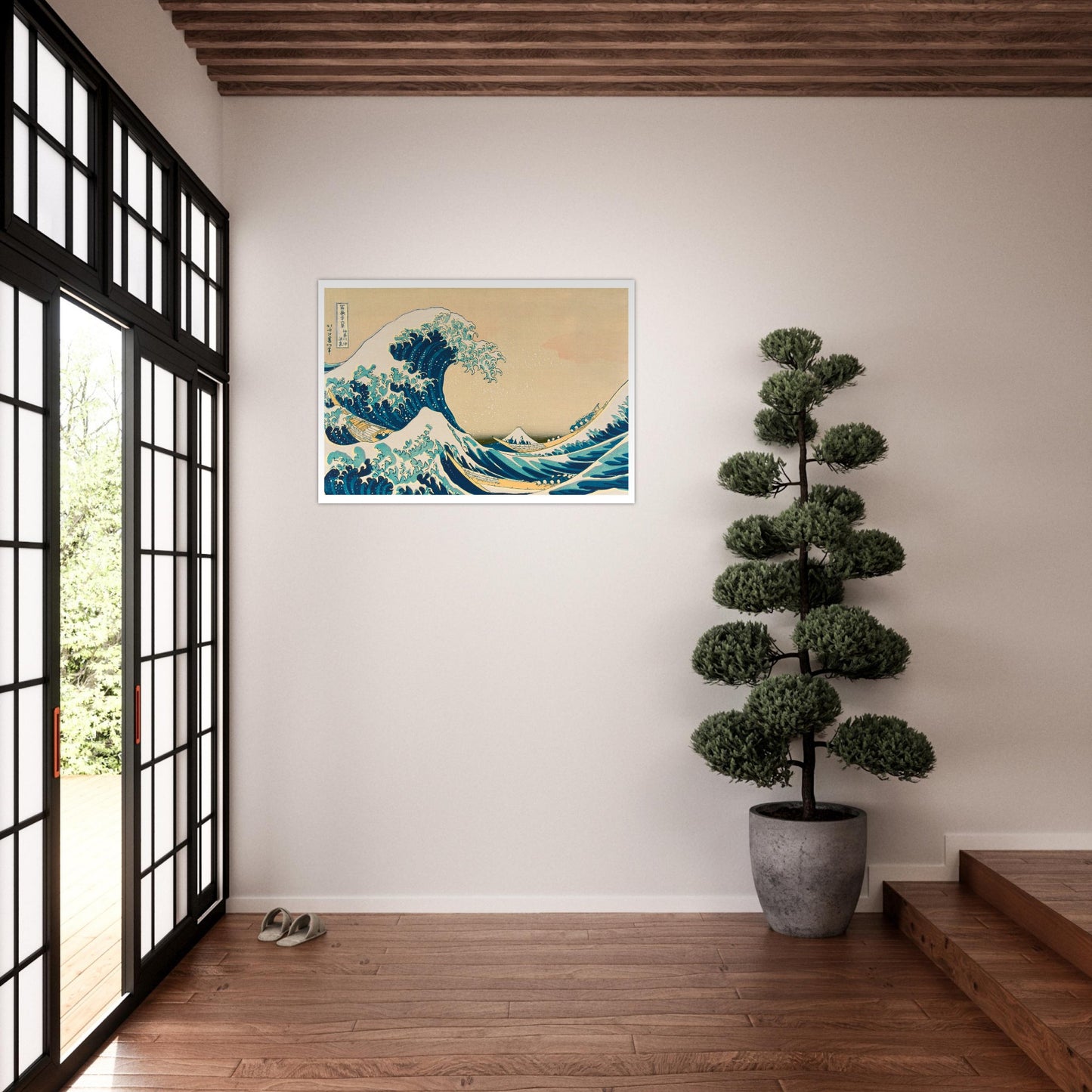 Estampe La Grande Vague de Kanagawa - Katsushika Hokusai. Estampe japonaise montrant une vague immense déferlant sur des bateaux, avec le mont Fuji en arrière-plan, par Katsushika Hokusai. Image d'illustration 7
