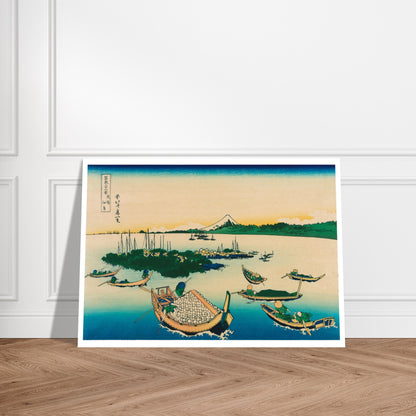 Estampe L'île Tsukada dans la province de Musashi - Hokusai. Estampe ukiyo-e de Katsushika Hokusai représentant une scène de pêche avec des bateaux sur l'eau, des îles verdoyantes et le Mont Fuji au loin. Image d'illustration 7