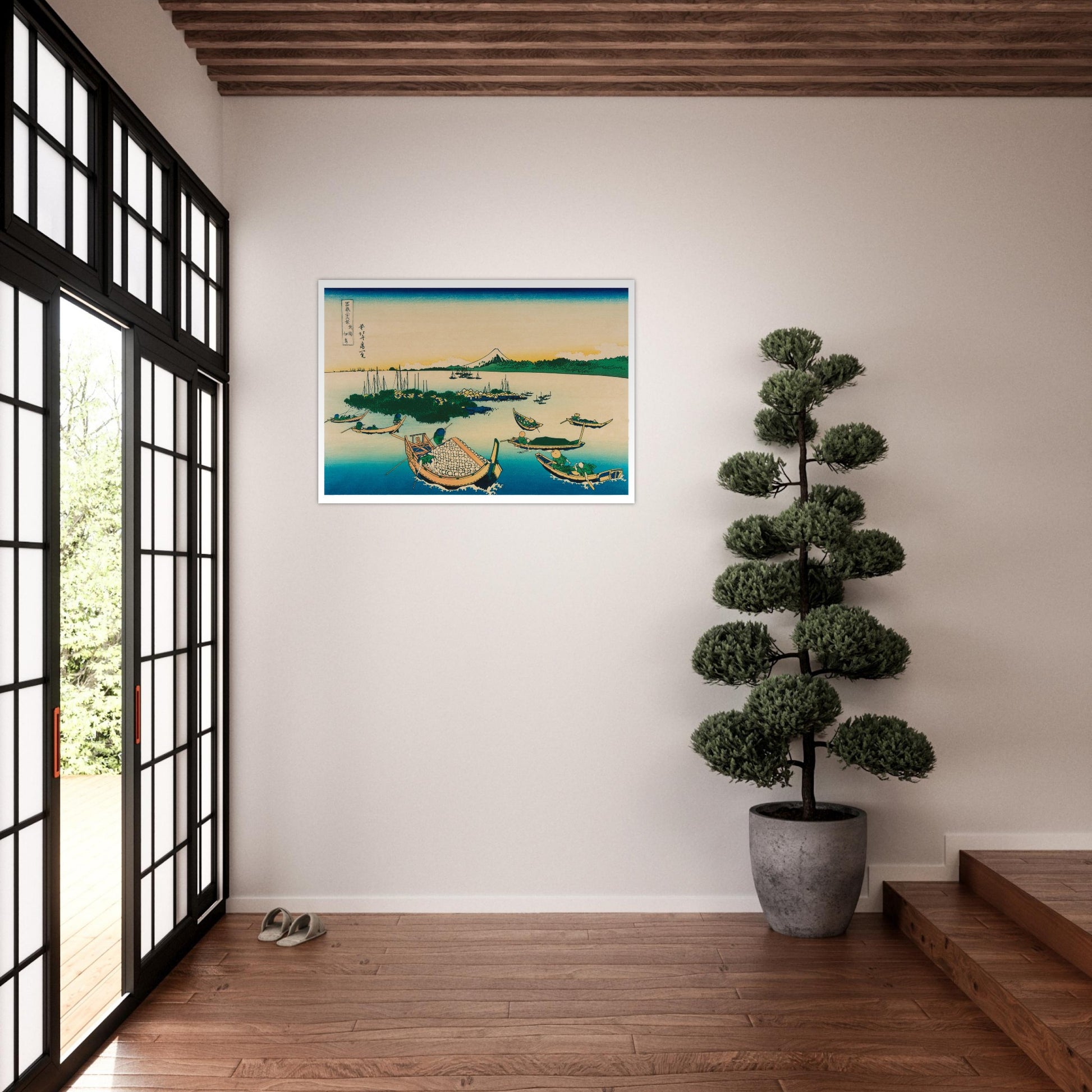 Estampe L'île Tsukada dans la province de Musashi - Hokusai. Estampe ukiyo-e de Katsushika Hokusai représentant une scène de pêche avec des bateaux sur l'eau, des îles verdoyantes et le Mont Fuji au loin. Image d'illustration 8
