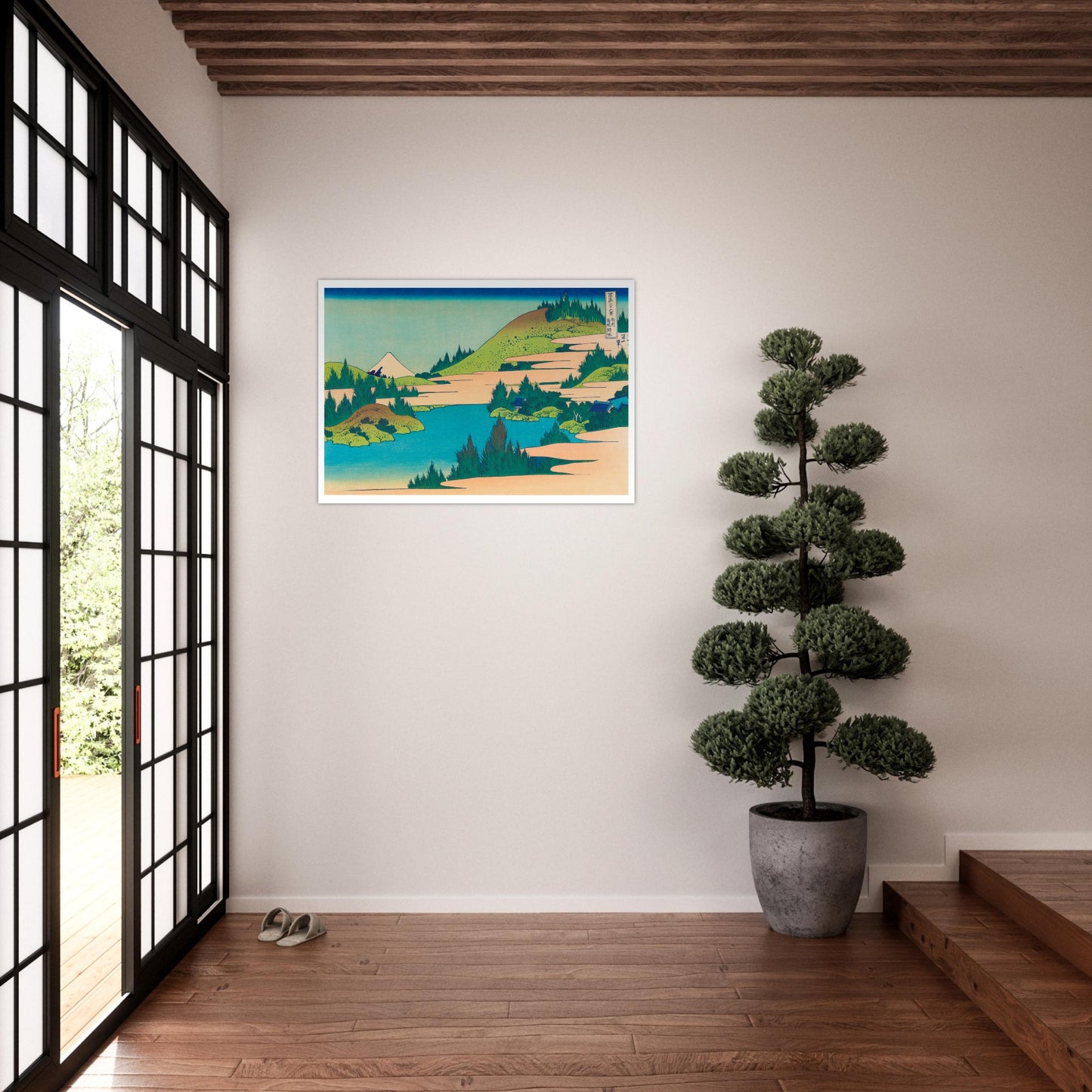 Estampe Le lac d'Hakone dans la province de Sagami - Hokusai. Reproduction d'une estampe japonaise de Katsushika Hokusai montrant le lac d'Hakone, avec le Mont Fuji en arrière-plan et des collines verdoyantes parsemées d'arbres et de quelques habitations. Image d'illustration 7