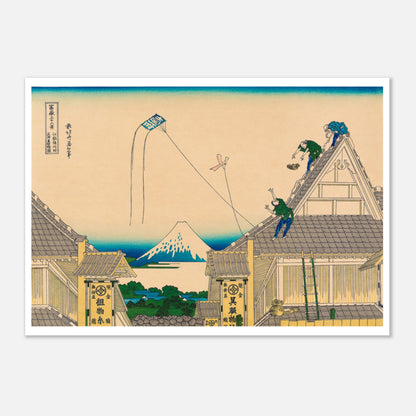 Estampe Les magasins Mitsui à Suruga-cho - Katsushika Hokusai (42x59,4 cm (A2)). Estampe ukiyo-e représentant le Mont Fuji vu de la province d'Owari, avec une rivière, des arbres et un petit village.