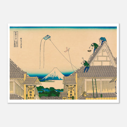 Estampe Les magasins Mitsui à Suruga-cho - Katsushika Hokusai (50x70 cm). Estampe ukiyo-e représentant le Mont Fuji vu de la province d'Owari, avec une rivière, des arbres et un petit village.