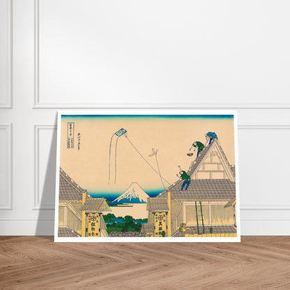 Estampe Les magasins Mitsui à Suruga-cho - Katsushika Hokusai. Estampe ukiyo-e représentant le Mont Fuji vu de la province d'Owari, avec une rivière, des arbres et un petit village. Image d'illustration 8