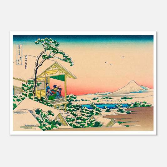 Estampe Maison de thé à Koishikawa par temps de neige - Hokusai (59,4x84,1 cm (A1)). Estampe ukiyo-e de Katsushika Hokusai représentant une scène hivernale avec des personnages dans une maison de thé, enneigée, avec vue sur le Mont Fuji au loin.