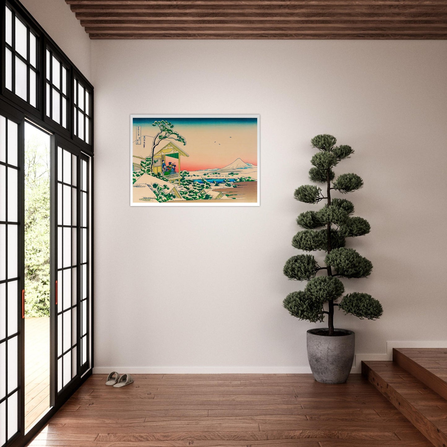 Estampe Maison de thé à Koishikawa par temps de neige - Hokusai. Estampe ukiyo-e de Katsushika Hokusai représentant une scène hivernale avec des personnages dans une maison de thé, enneigée, avec vue sur le Mont Fuji au loin. Image d'illustration 7