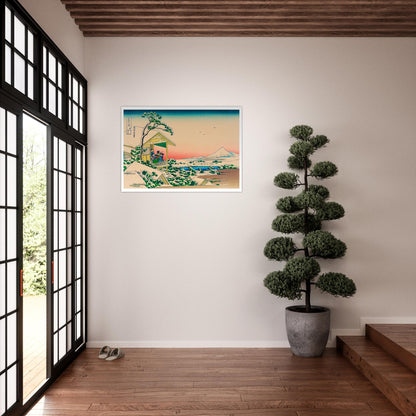Estampe Maison de thé à Koishikawa par temps de neige - Hokusai. Estampe ukiyo-e de Katsushika Hokusai représentant une scène hivernale avec des personnages dans une maison de thé, enneigée, avec vue sur le Mont Fuji au loin. Image d'illustration 7