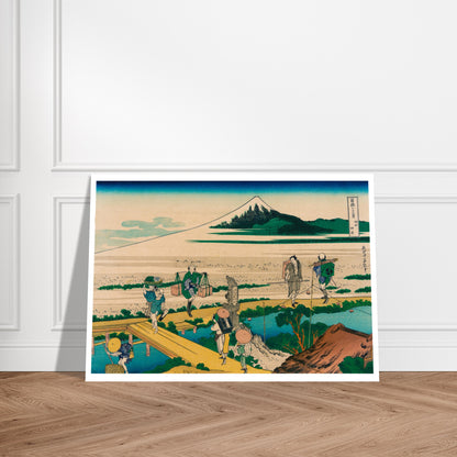 Estampe ukiyo-e Nakahara dans la province de Sagami par Hokusai. Estampe ukiyo-e représentant le mont Fuji et des voyageurs traversant un pont en bois au-dessus d'une rivière. Image d'illustration 7
