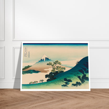 Estampe La passe d’Inume dans la province de Kai - Hokusai. Estampe ukiyo-e montrant le Mont Fuji à travers la passe d'Inume, avec des voyageurs à dos de mulet sur une crête verdoyante et un ciel clair. Image d'illustration 7