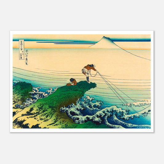 Estampe Le pêcheur de Kajikazawa - Katsushika Hokusai (59,4x84,1 cm (A1)). Reproduction d'une estampe japonaise de Katsushika Hokusai, montrant un pêcheur sur une falaise au-dessus d'une mer agitée, avec le Mont Fuji en arrière-plan.