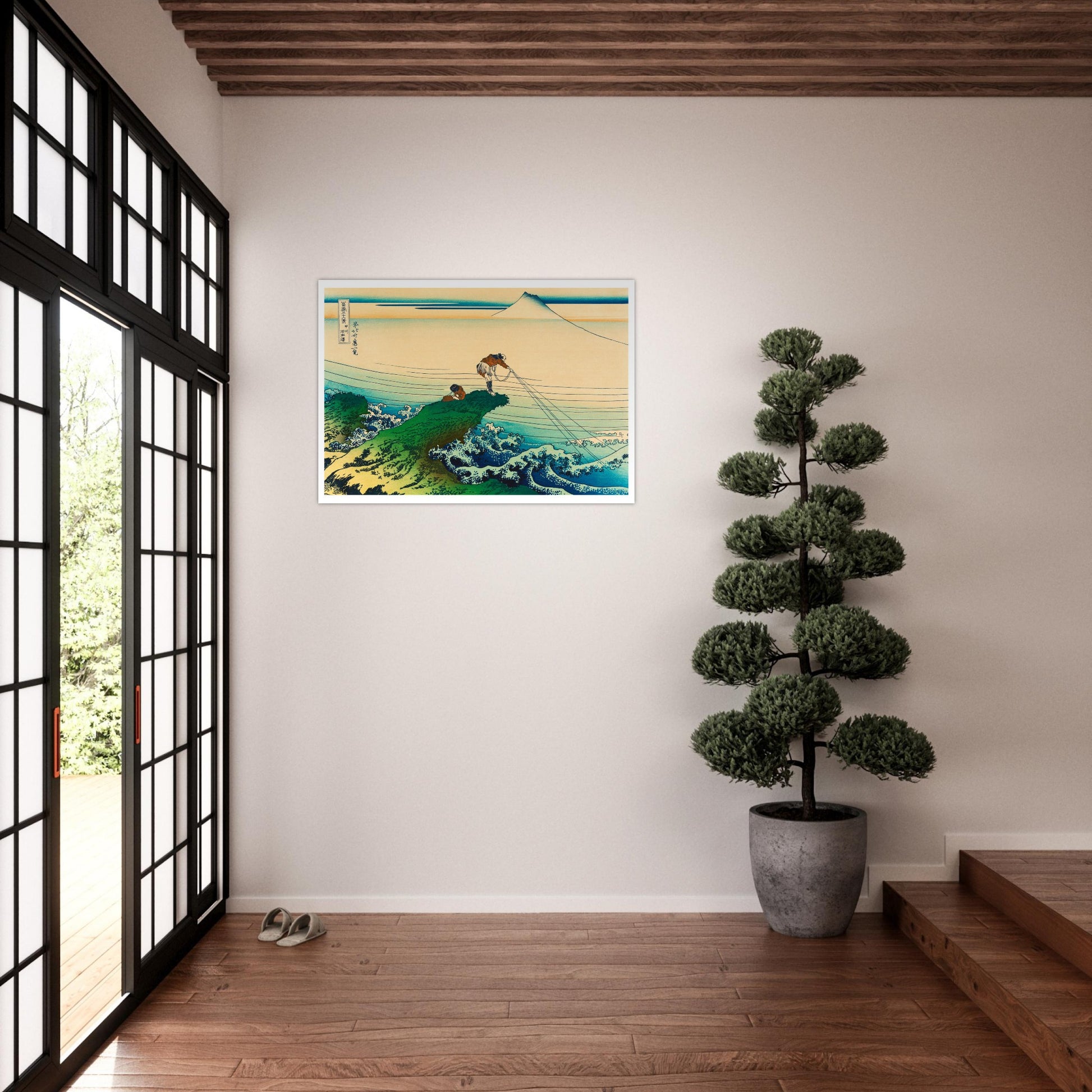 Estampe Le pêcheur de Kajikazawa - Katsushika Hokusai. Reproduction d'une estampe japonaise de Katsushika Hokusai, montrant un pêcheur sur une falaise au-dessus d'une mer agitée, avec le Mont Fuji en arrière-plan. Image d'illustration 8