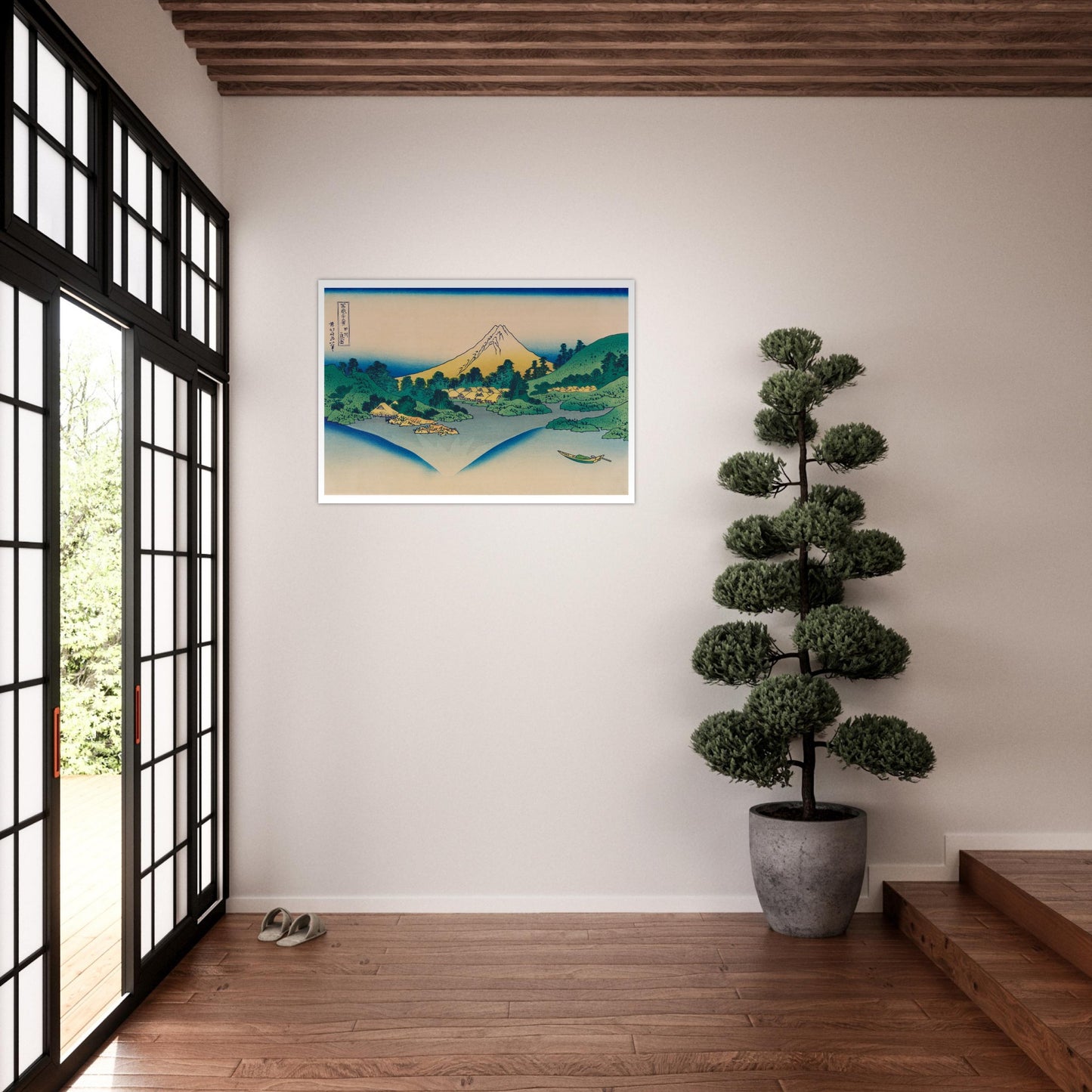Estampe Reflet du mont Fuji dans le lac Kawaguchi - Hokusai. Estampe ukiyo-e montrant le reflet du Mont Fuji dans le lac Kawaguchi, entouré de collines verdoyantes et de maisons. Image d'illustration 8
