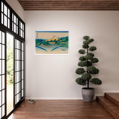 Estampe Reflet du mont Fuji dans le lac Kawaguchi - Hokusai. Estampe ukiyo-e montrant le reflet du Mont Fuji dans le lac Kawaguchi, entouré de collines verdoyantes et de maisons. Image d'illustration 8