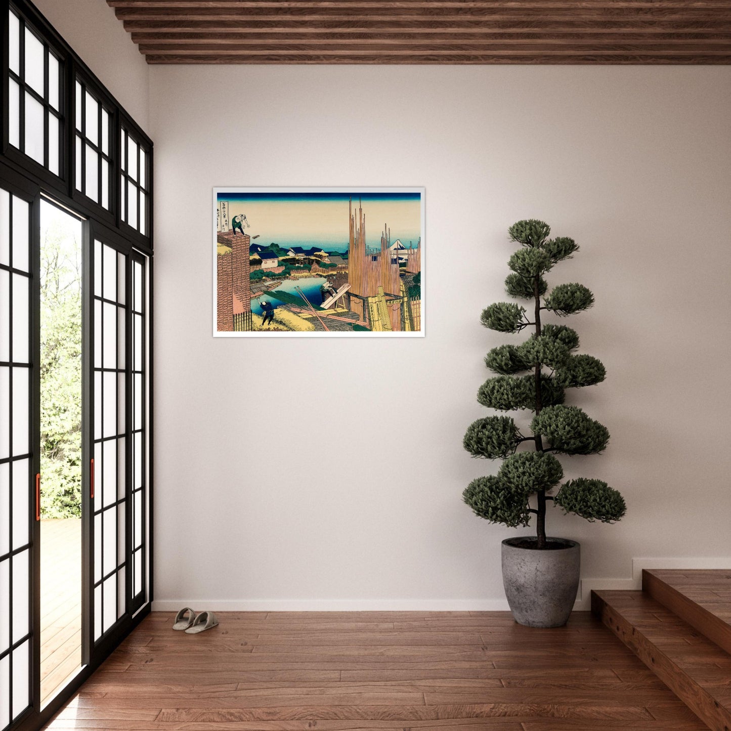 Estampe La scierie à Honjo - Katsushika Hokusai. Reproduction d'une estampe japonaise de Katsushika Hokusai représentant une scierie avec des troncs de bois, des ouvriers travaillant, des habitations et le Mont Fuji au loin. Image d'illustration 7