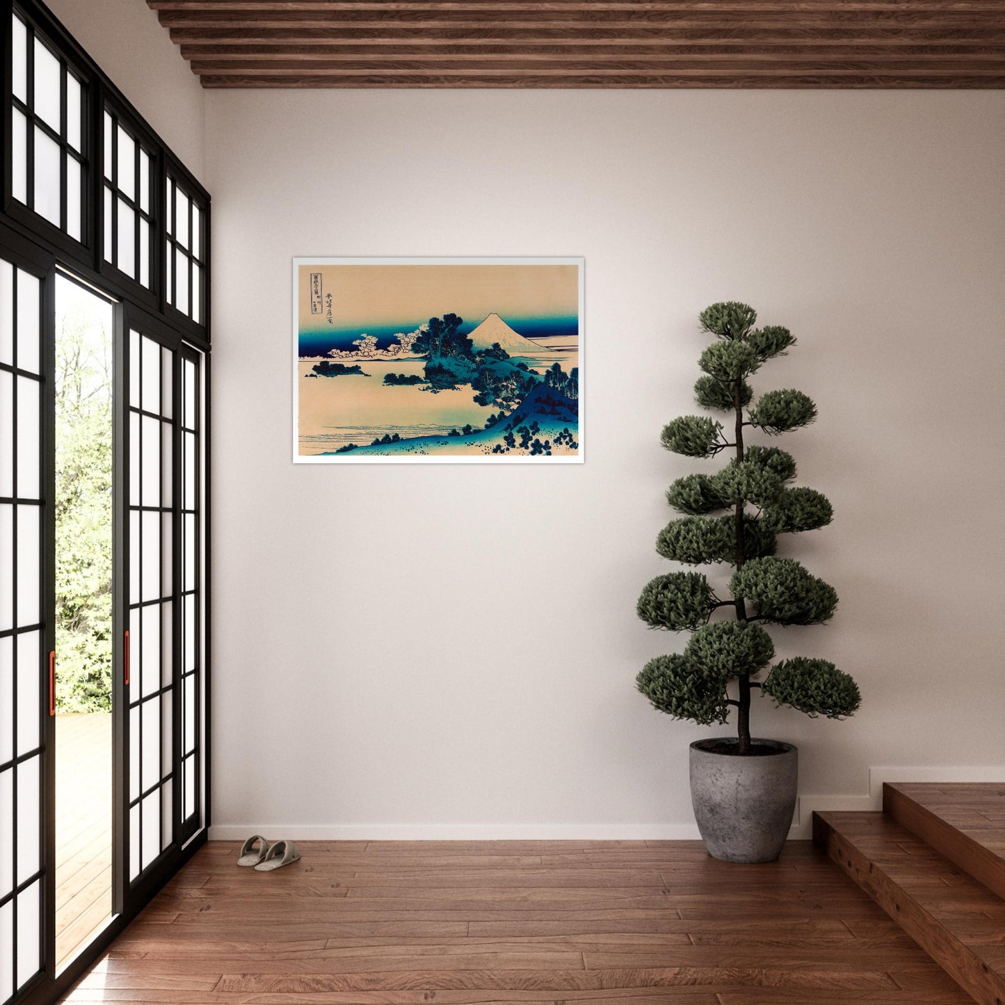 Estampe ukiyo-e Shichiri dans la province de Sagami par Hokusai. Estampe ukiyo-e de Katsushika Hokusai représentant une vue panoramique de la baie de Tago, avec le mont Fuji à l'horizon, des collines verdoyantes et une étendue d'eau. Image d'illustration 8