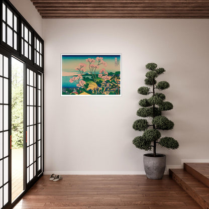 Shinagawa sur le Tōkaidō - Estampe ancienne de Katsushika Hokusai. Estampe ukiyo-e de Katsushika Hokusai représentant un paysage avec des cerisiers en fleurs, des collines, des maisons et le mont Fuji au loin. Image d'illustration 7