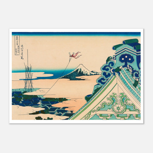 Estampe Le temple d'Asakusa Honganji - Katsushika Hokusai (59,4x84,1 cm (A1)). Estampe ukiyo-e montrant le temple Asakusa Honganji avec le Mont Fuji en arrière-plan, des personnes jouent avec des cerfs-volants sur les toits.