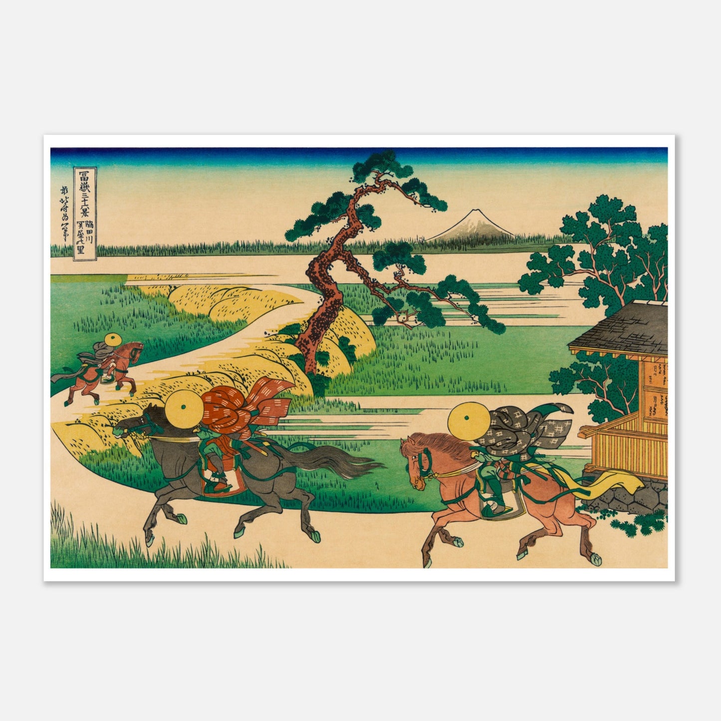 Estampe ukiyo-e Le village de Sekiya sur la Sumida par Hokusai (21x29,7 cm (A4)). Estampe ukiyo-e de Katsushika Hokusai représentant une scène de paysage avec des cavaliers sur un chemin, une maison en bois, des arbres, une rivière et le mont Fuji au loin.