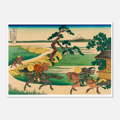 Estampe ukiyo-e Le village de Sekiya sur la Sumida par Hokusai (21x29,7 cm (A4)). Estampe ukiyo-e de Katsushika Hokusai représentant une scène de paysage avec des cavaliers sur un chemin, une maison en bois, des arbres, une rivière et le mont Fuji au loin.