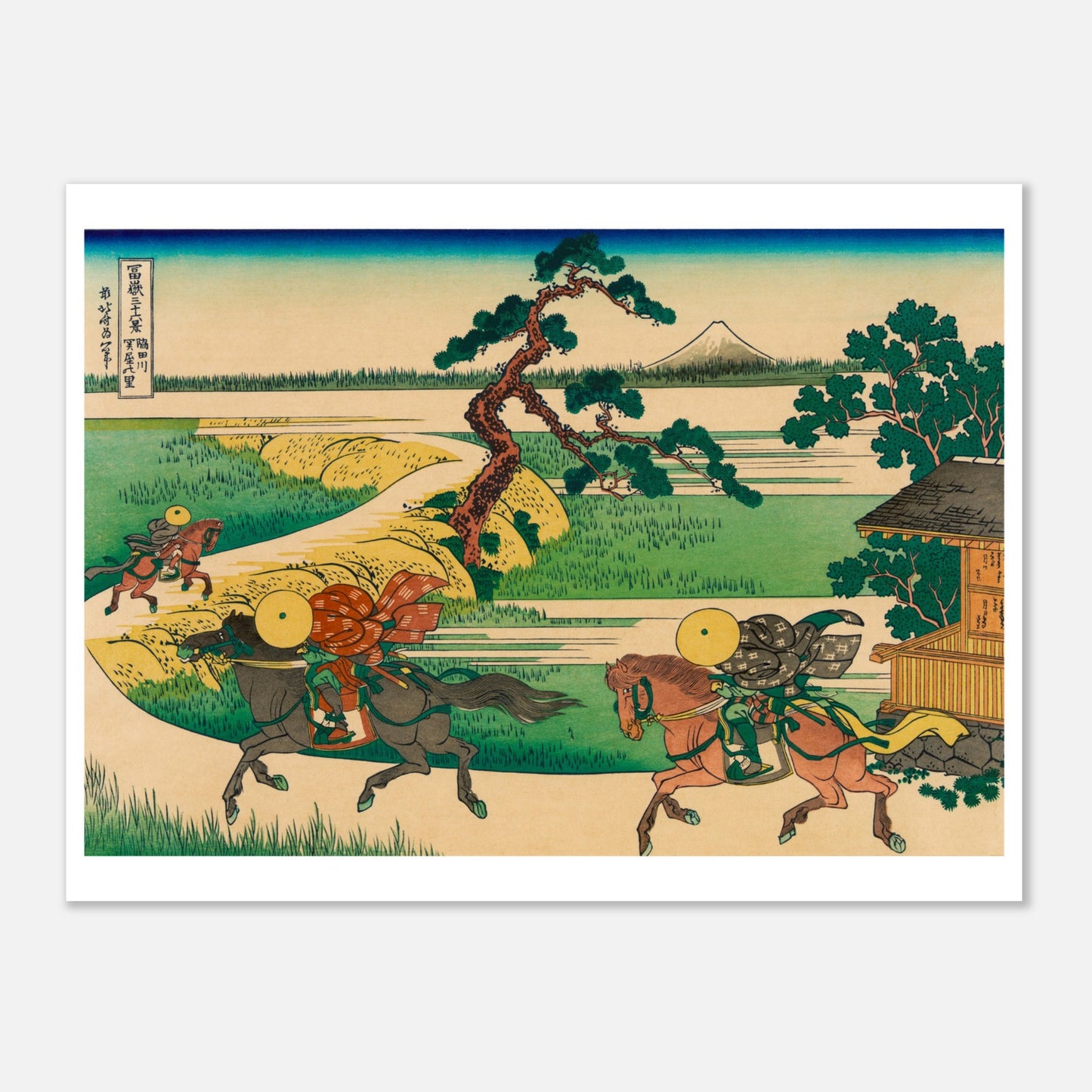 Estampe ukiyo-e Le village de Sekiya sur la Sumida par Hokusai (60x80 cm). Estampe ukiyo-e de Katsushika Hokusai représentant une scène de paysage avec des cavaliers sur un chemin, une maison en bois, des arbres, une rivière et le mont Fuji au loin.