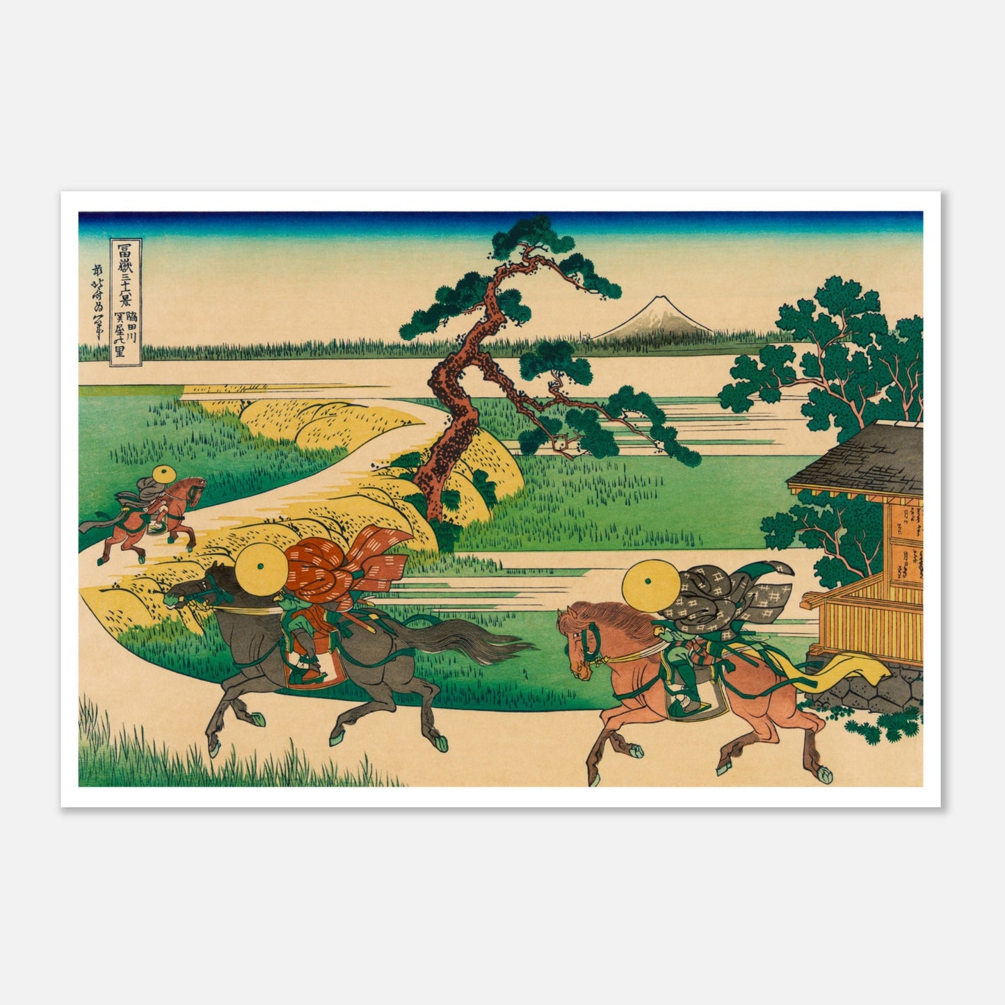 Estampe ukiyo-e Le village de Sekiya sur la Sumida par Hokusai (70x100 cm). Estampe ukiyo-e de Katsushika Hokusai représentant une scène de paysage avec des cavaliers sur un chemin, une maison en bois, des arbres, une rivière et le mont Fuji au loin.