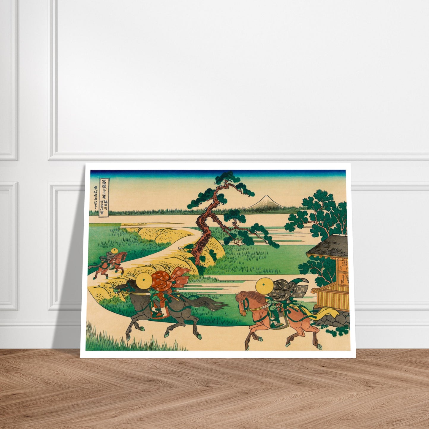 Estampe ukiyo-e Le village de Sekiya sur la Sumida par Hokusai. Estampe ukiyo-e de Katsushika Hokusai représentant une scène de paysage avec des cavaliers sur un chemin, une maison en bois, des arbres, une rivière et le mont Fuji au loin. Image d'illustration 8