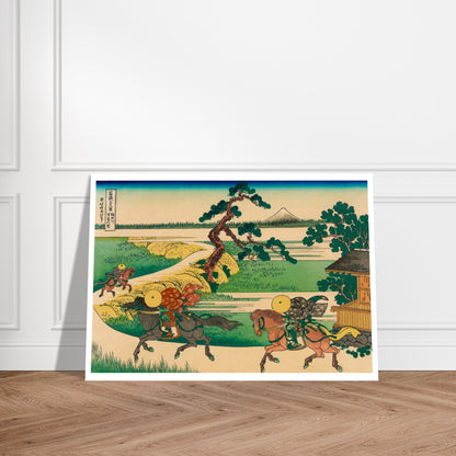 Estampe ukiyo-e Le village de Sekiya sur la Sumida par Hokusai. Estampe ukiyo-e de Katsushika Hokusai représentant une scène de paysage avec des cavaliers sur un chemin, une maison en bois, des arbres, une rivière et le mont Fuji au loin. Image d'illustration 8