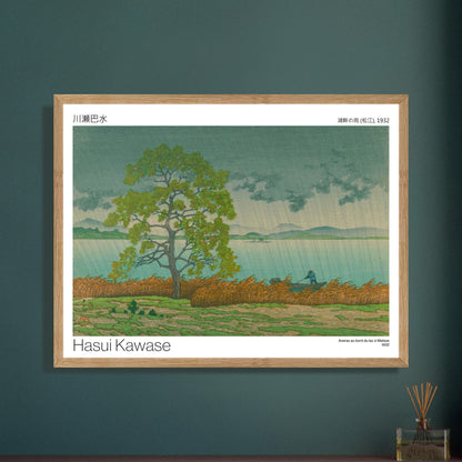 Estampe japonaise Averse au bord du lac à Matsue par Hasui Kawase. Estampe japonaise d'un paysage pluvieux avec un arbre solitaire près d'un lac, des roseaux au premier plan et un homme dans une barque, par Hasui Kawase. Image d'illustration 8
