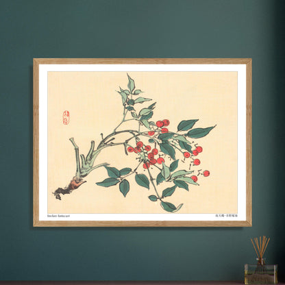 Estampe japonaise de Bambou Sacré par Kōno Bairei. Une branche de bambou sacré avec des feuilles vertes et des grappes de baies rouges, dans le style d'une illustration botanique japonaise. Image d'illustration 5