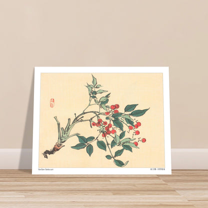 Estampe japonaise de Bambou Sacré par Kōno Bairei. Une branche de bambou sacré avec des feuilles vertes et des grappes de baies rouges, dans le style d'une illustration botanique japonaise. Image d'illustration 6