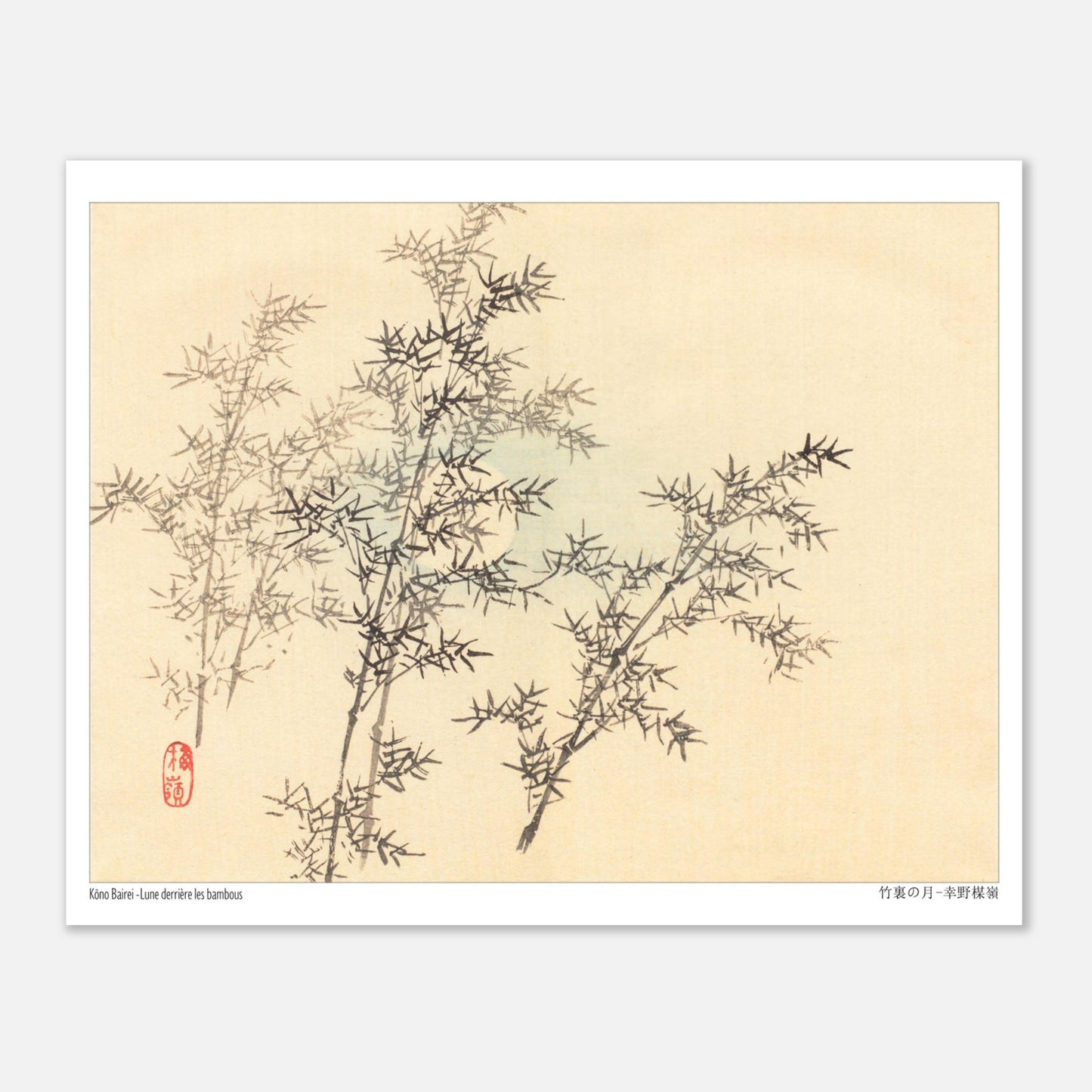 Illustration de Bambous au Clair de Lune par Kōno Bairei (20x25 cm). Dessin d'art japonais de plusieurs branches de bambou feuillu avec une lune floue en arrière-plan.