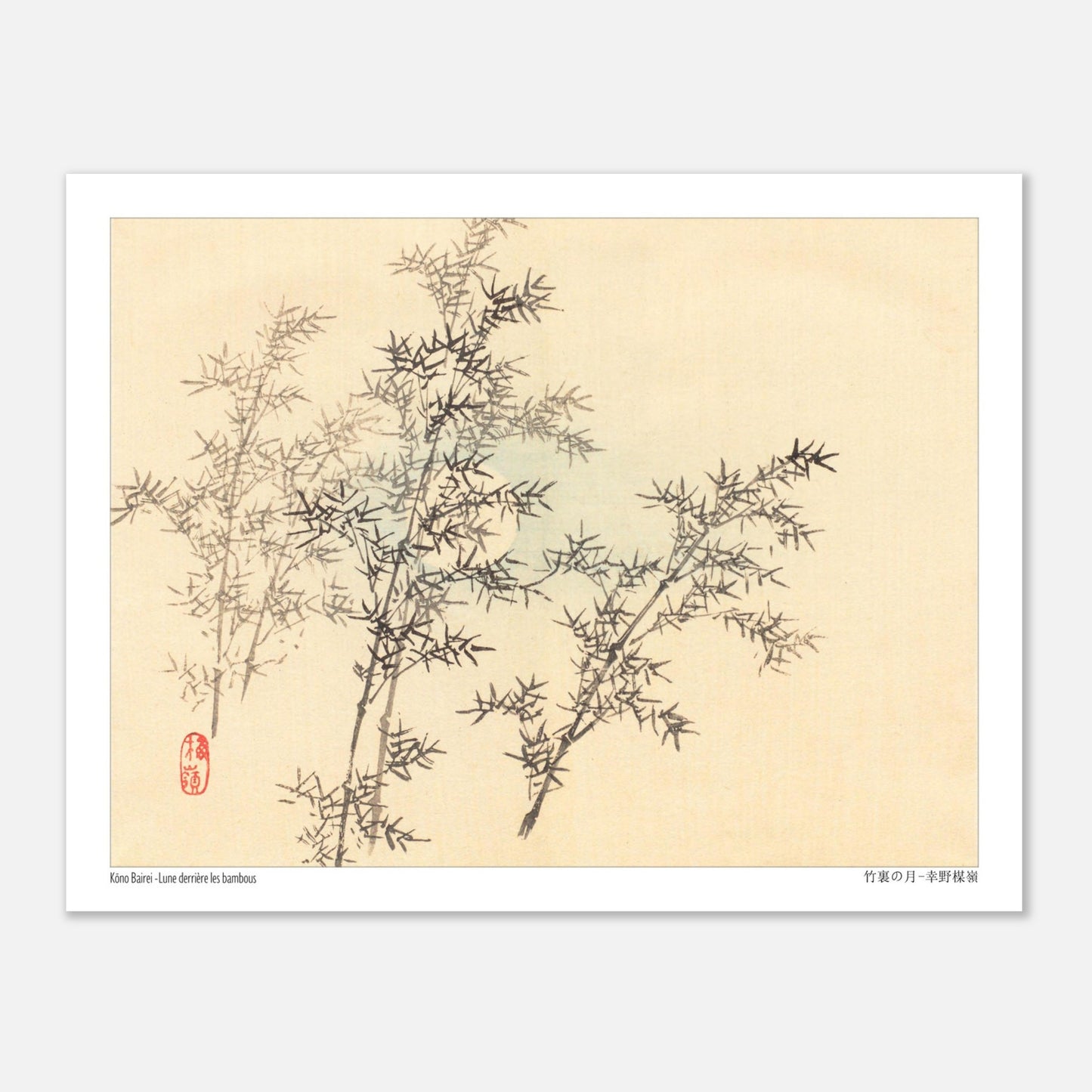 Illustration de Bambous au Clair de Lune par Kōno Bairei (27x35 cm). Dessin d'art japonais de plusieurs branches de bambou feuillu avec une lune floue en arrière-plan.