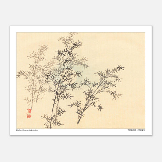 Illustration de Bambous au Clair de Lune par Kōno Bairei (27x35 cm). Dessin d'art japonais de plusieurs branches de bambou feuillu avec une lune floue en arrière-plan.