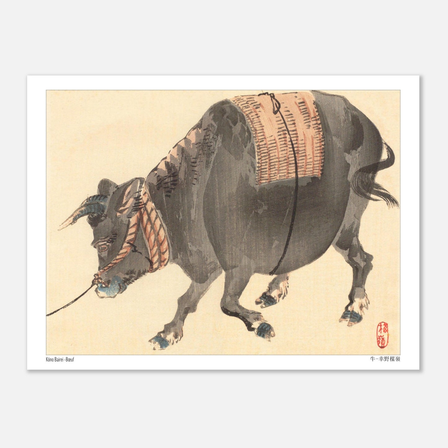 Bœuf de trait (Ushi), estampe japonaise ancienne par Kōno Bairei (15x20 cm). Estampe japonaise représentant un bœuf noir musclé, avec une selle tressée sur le dos, attaché par une corde.