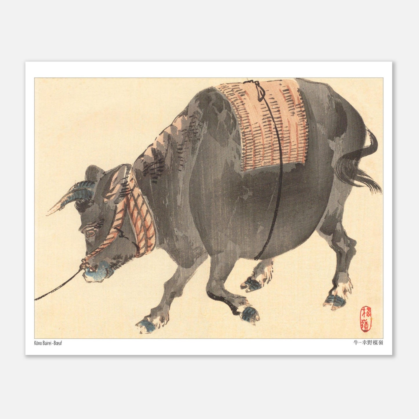 Bœuf de trait (Ushi), estampe japonaise ancienne par Kōno Bairei (20x25 cm). Estampe japonaise représentant un bœuf noir musclé, avec une selle tressée sur le dos, attaché par une corde.