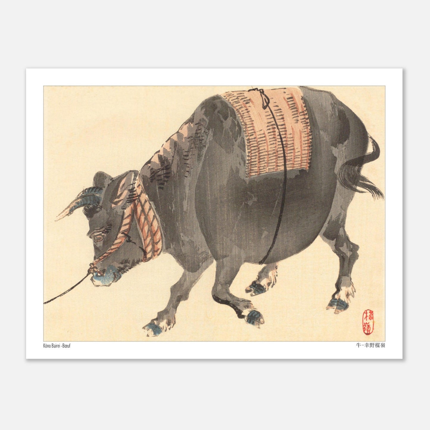 Bœuf de trait (Ushi), estampe japonaise ancienne par Kōno Bairei (27x35 cm). Estampe japonaise représentant un bœuf noir musclé, avec une selle tressée sur le dos, attaché par une corde.