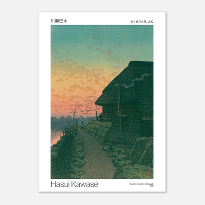 Gravure ancienne : Coucher de soleil à Morigasaki par Hasui Kawase (21x29,7 cm (A4)). Une estampe japonaise par Hasui Kawase montrant un coucher de soleil à Morigasaki en 1932, avec une chaumière.