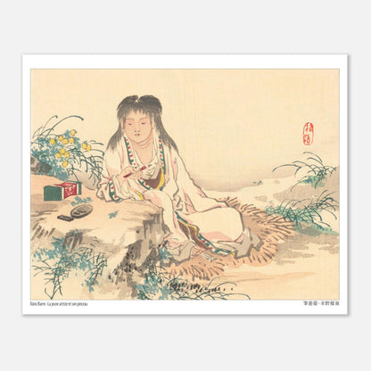 Estampe Japonaise d'une Jeune Artiste au Pinceau, par Kōno Bairei (20x25 cm). Estampe japonaise d'une jeune femme aux longs cheveux noirs, assise et tenant un pinceau, avec des fleurs jaunes et un écrin vert sur le côté.