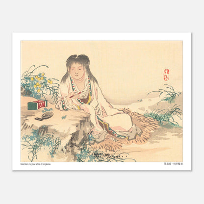 Estampe Japonaise d'une Jeune Artiste au Pinceau, par Kōno Bairei (27x35 cm). Estampe japonaise d'une jeune femme aux longs cheveux noirs, assise et tenant un pinceau, avec des fleurs jaunes et un écrin vert sur le côté.
