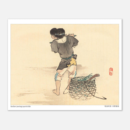 Jeune Berger Jouant de la Flûte, estampe japonaise de Kōno Bairei (20x25 cm). Illustration d'un jeune berger jouant de la flûte près d'un panier, sur fond de sable, par Kōno Bairei.