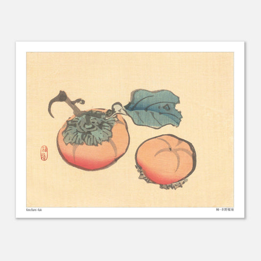 Illustration Naturaliste de Kakis par Kōno Bairei (27x35 cm). Illustration naturaliste de Kōno Bairei représentant deux kakis, l'un avec une feuille, sur fond beige.